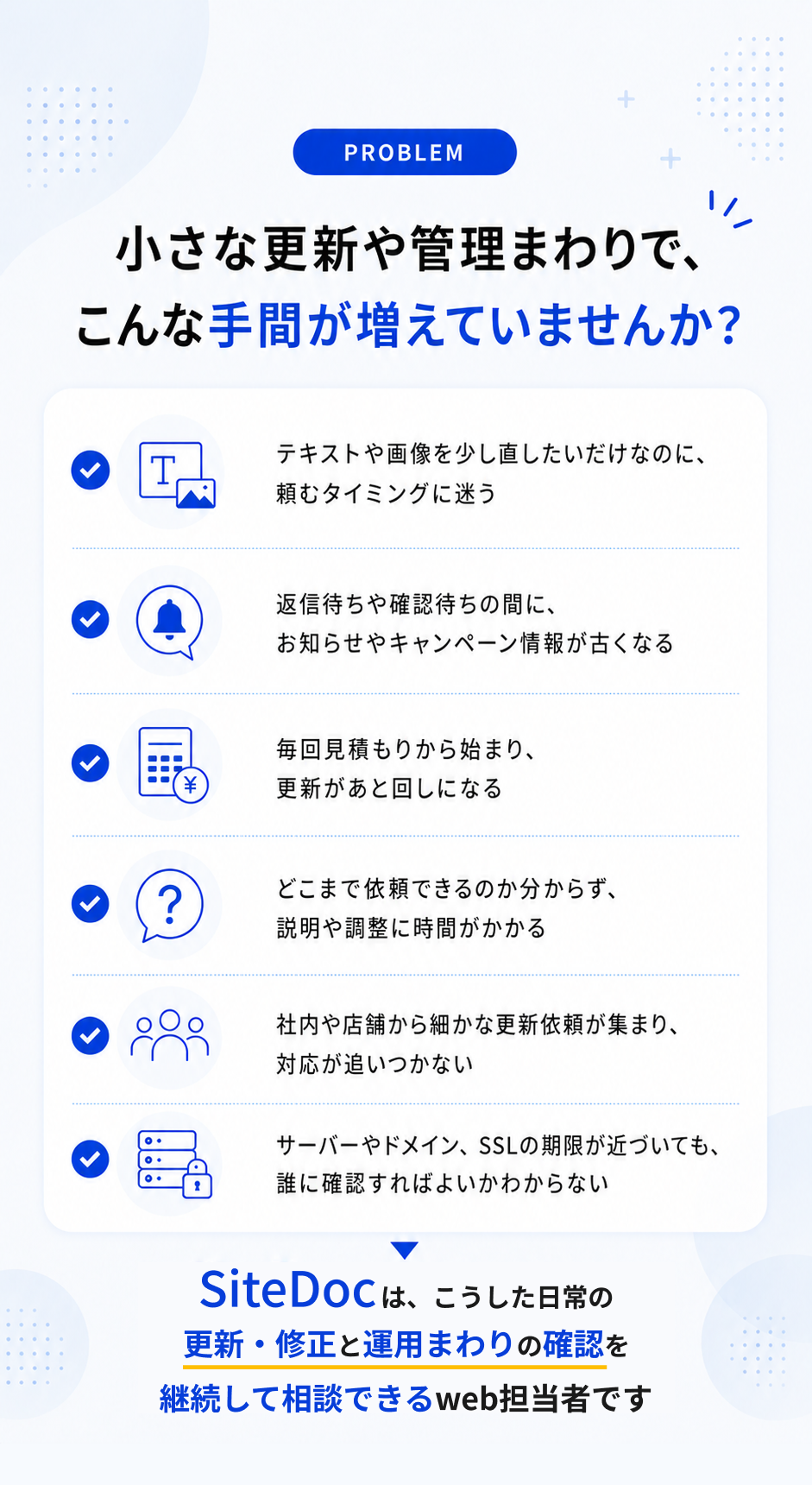 小さな更新や管理まわりで増えがちな手間の例。テキストや画像を少し直したいだけでも頼むタイミングに迷う、返信待ちや確認待ちでお知らせやキャンペーン情報が古くなる、毎回見積もりから始まり更新が後回しになる、依頼範囲が分からず説明や調整に時間がかかる、社内や店舗からの細かな更新依頼に追いつかない、サーバーやドメイン、SSL期限を誰に確認すればよいか分からない。SiteDocは日常の更新・修正と運用まわりの確認を継続して相談できる外注先です。