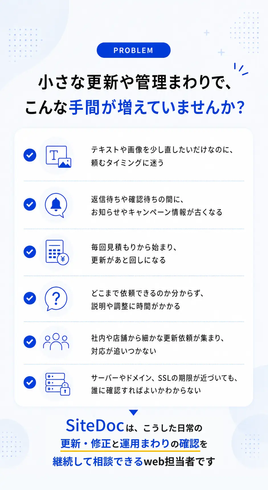 小さな更新や管理まわりで増えがちな手間の例。テキストや画像を少し直したいだけでも頼むタイミングに迷う、返信待ちや確認待ちでお知らせやキャンペーン情報が古くなる、毎回見積もりから始まり更新が後回しになる、依頼範囲が分からず説明や調整に時間がかかる、社内や店舗からの細かな更新依頼に追いつかない、サーバーやドメイン、SSL期限を誰に確認すればよいか分からない。SiteDocは日常の更新・修正と運用まわりの確認を継続して相談できる外注先です。