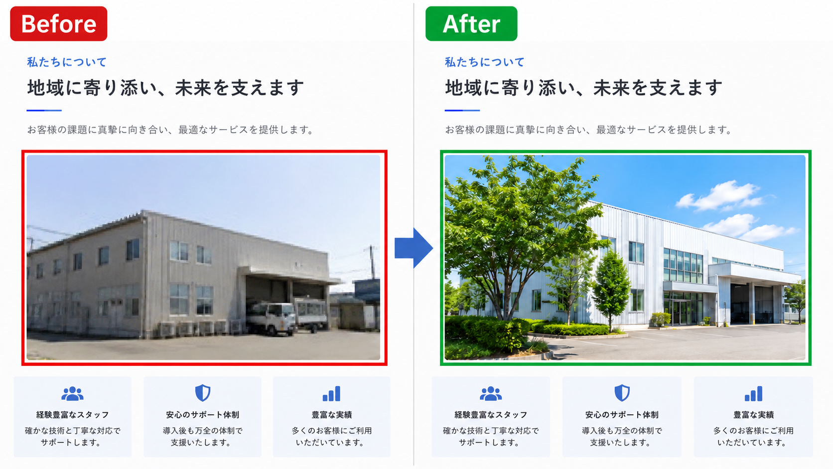 古い建物写真を明るい建物写真に差し替えたBefore/After事例